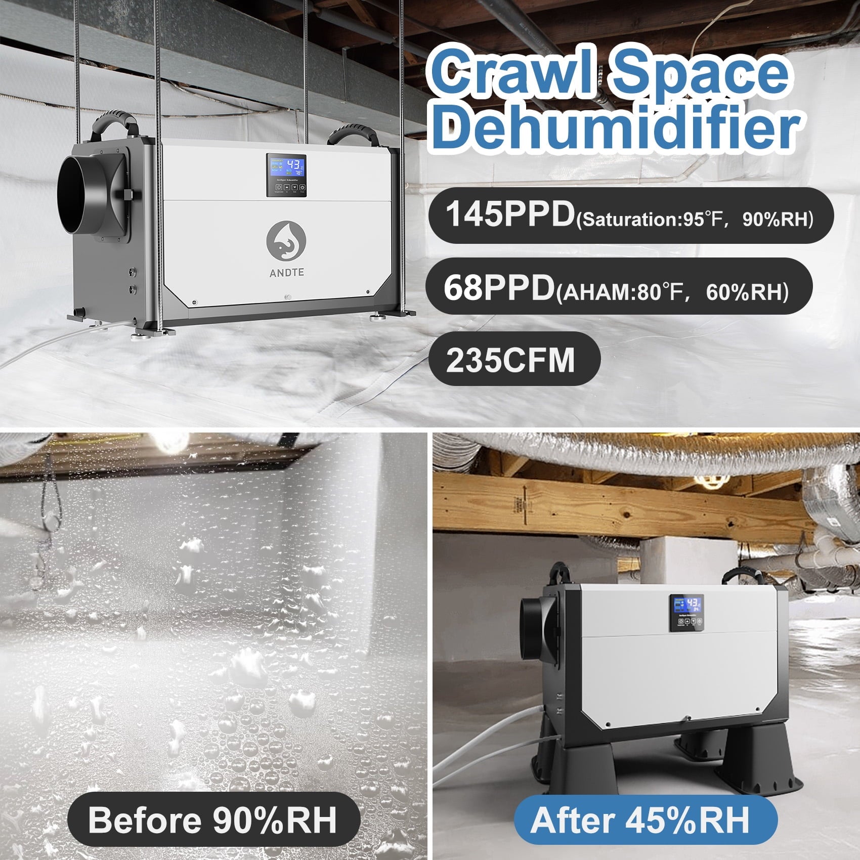 ANDTE 145 Pints Commercial Dehumidifier, Crawl Space Dehumidifier for Basement with 6.56ft Drain Hose and 24 Hr Timer, Compact, Portable, Auto Defrost, Memory Starting
