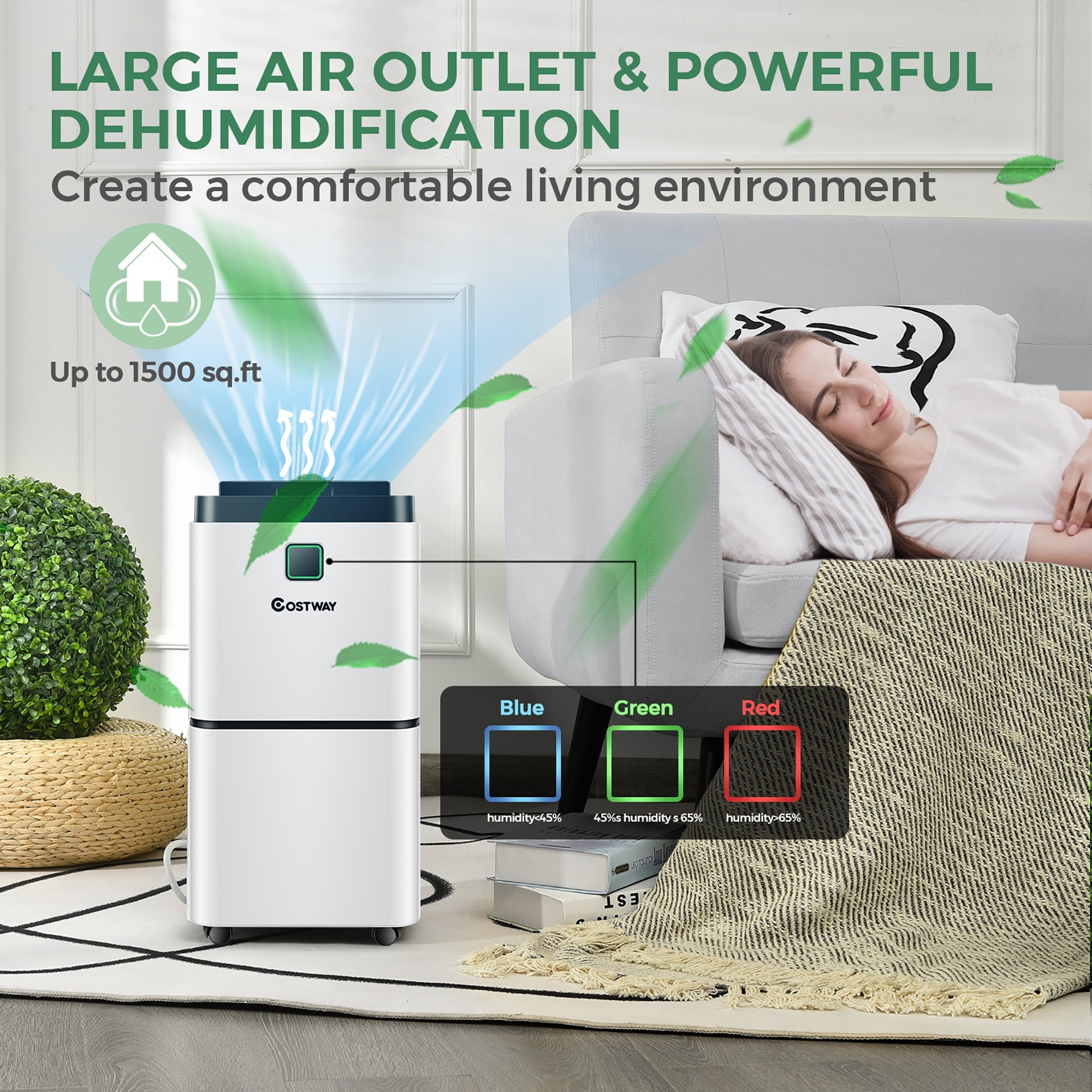 Costway 1500 Sq. Ft Portable 24 Pints Dehumidifier To Large Room with 3 Color LED Light