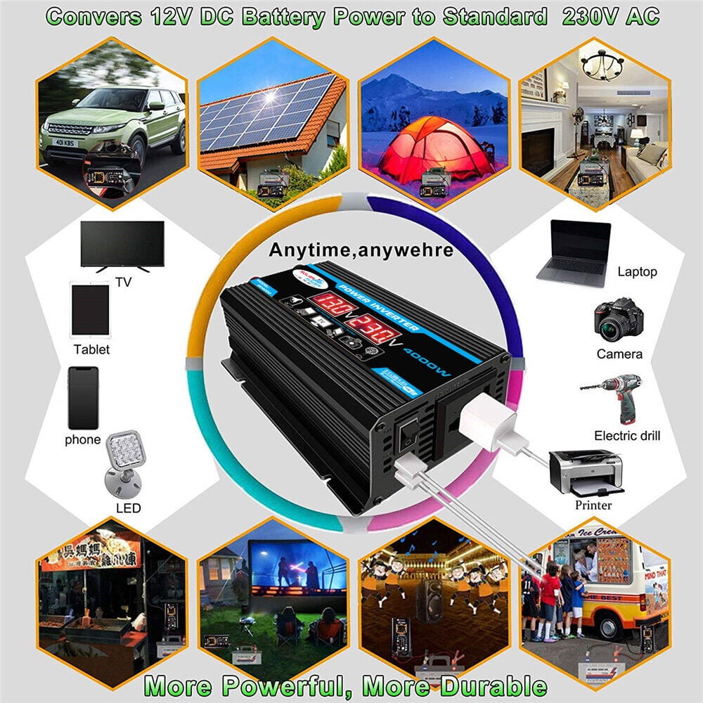 MDHAND Modified Sine Inverter High Frequency 1500W Peak Power Watt Power Inverter DC to AC Converter Car Power Inverter with 2.1A Dual USB Port Battery Clips Display Screen