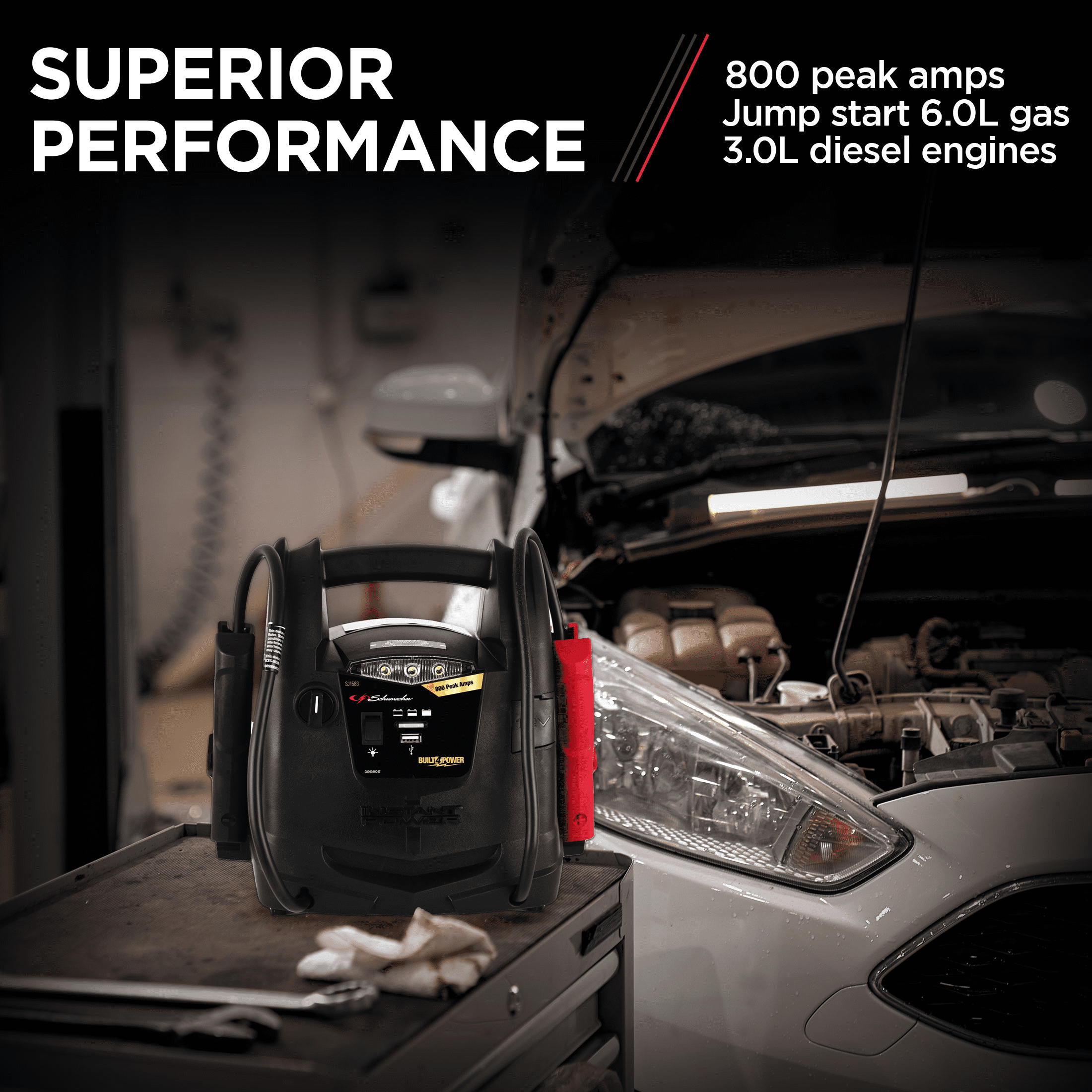 Schumacher SJ1583 Portable Power Station and 800 Peak Amp Jump Starter – 150-PSI Air Compressor – Works with Apple, Samsung, and Android Devices