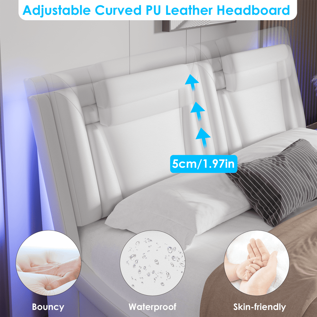 Homfa Queen Size LED Bed Frame, PU Leather Curved Upholstered Platform Bed with Adjustable Headboard and Pillow, White