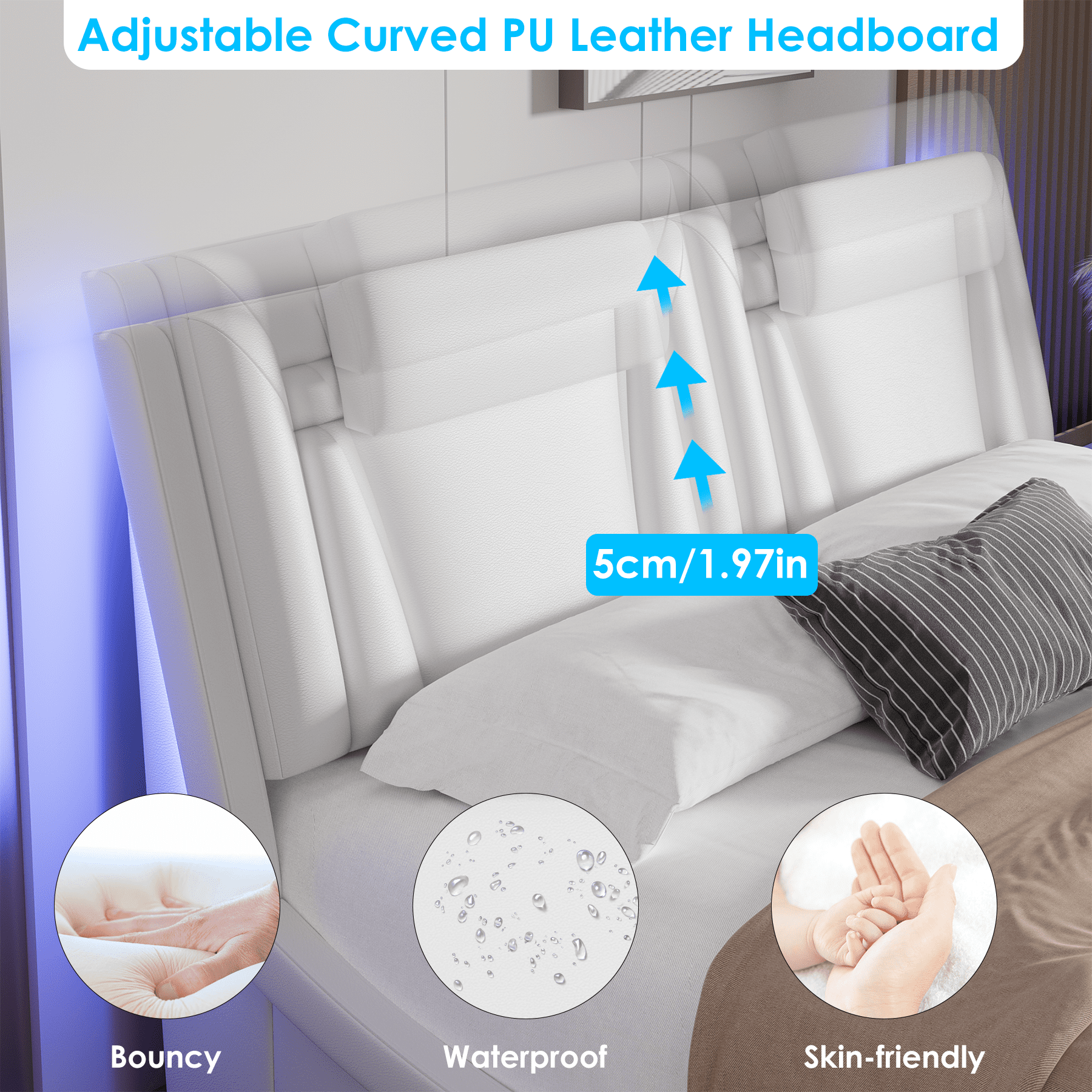 Homfa Queen Size LED Bed Frame, PU Leather Curved Upholstered Platform Bed with Adjustable Headboard and Pillow, White