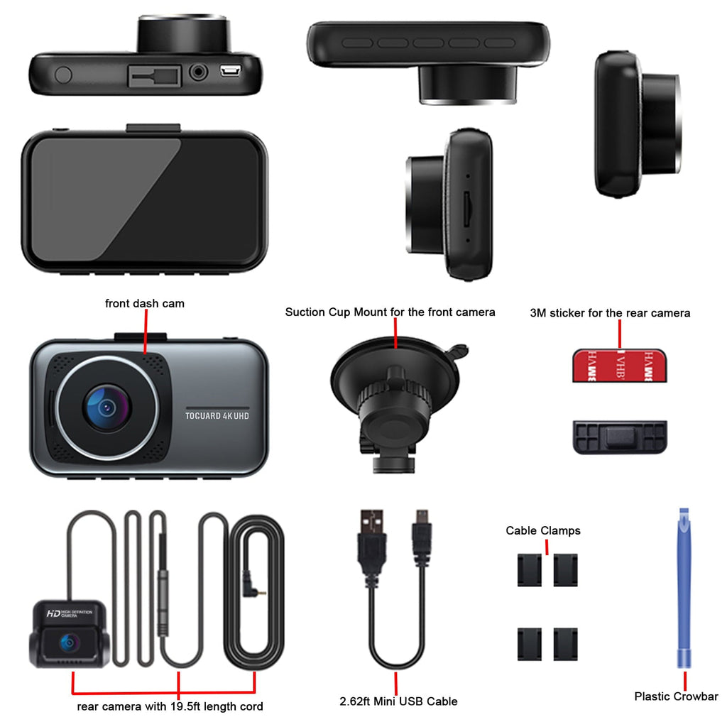 TOGUARD 4K Dual Dash Cam for Cars UHD 2160P+1080P Front and Rear Dash Camera, 3" Display Car Dashboard Camera Battery Drive Recorder  Parking Mode G-Sensor Support 256GB SD Card