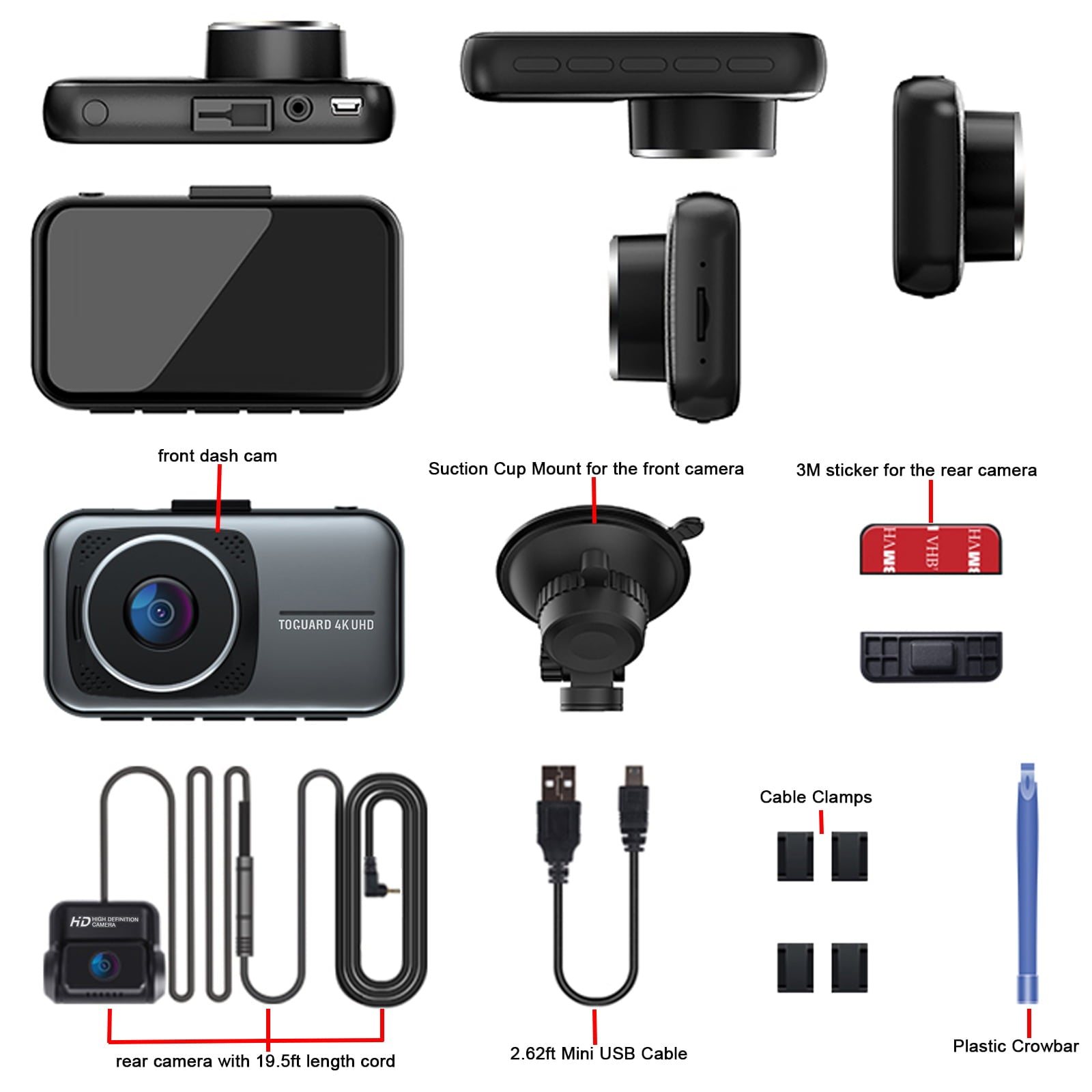 TOGUARD 4K Dual Dash Cam for Cars UHD 2160P+1080P Front and Rear Dash Camera, 3" Display Car Dashboard Camera Battery Drive Recorder  Parking Mode G-Sensor Support 256GB SD Card