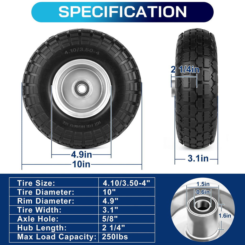 LotFancy 10 in Tire and Wheel, 4.10/3.50-4 Air Less Solid Tyre Wheels for Hand Truck Gorilla Cart Garden Wagon Trolley Dolly Replacement Tire, 2 Pack