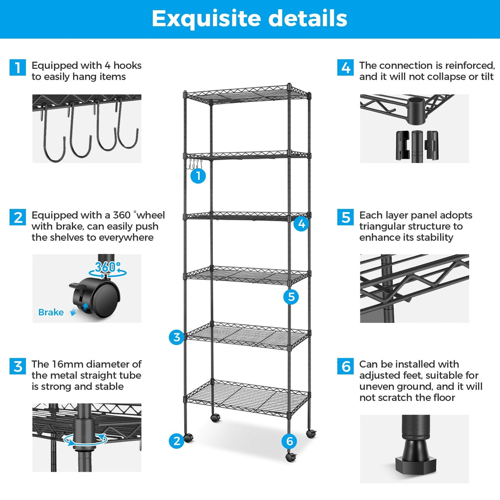 6-Tier Shelf Rack Wire Shelving Unit Storage Height Adjsutable Metal Shelf with 4 Side Hooks, 260lbs Capacity Free Standing Rack Organization for Kitchen Bedroom Garage