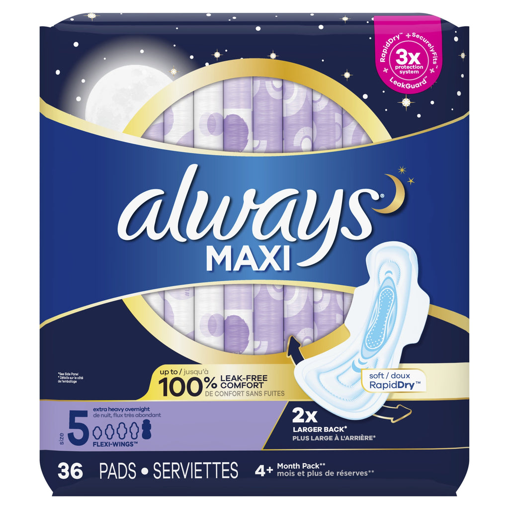Always Maxi Pads Unscented with Wings, Overnight Absorbency, Size 5, 36 Ct