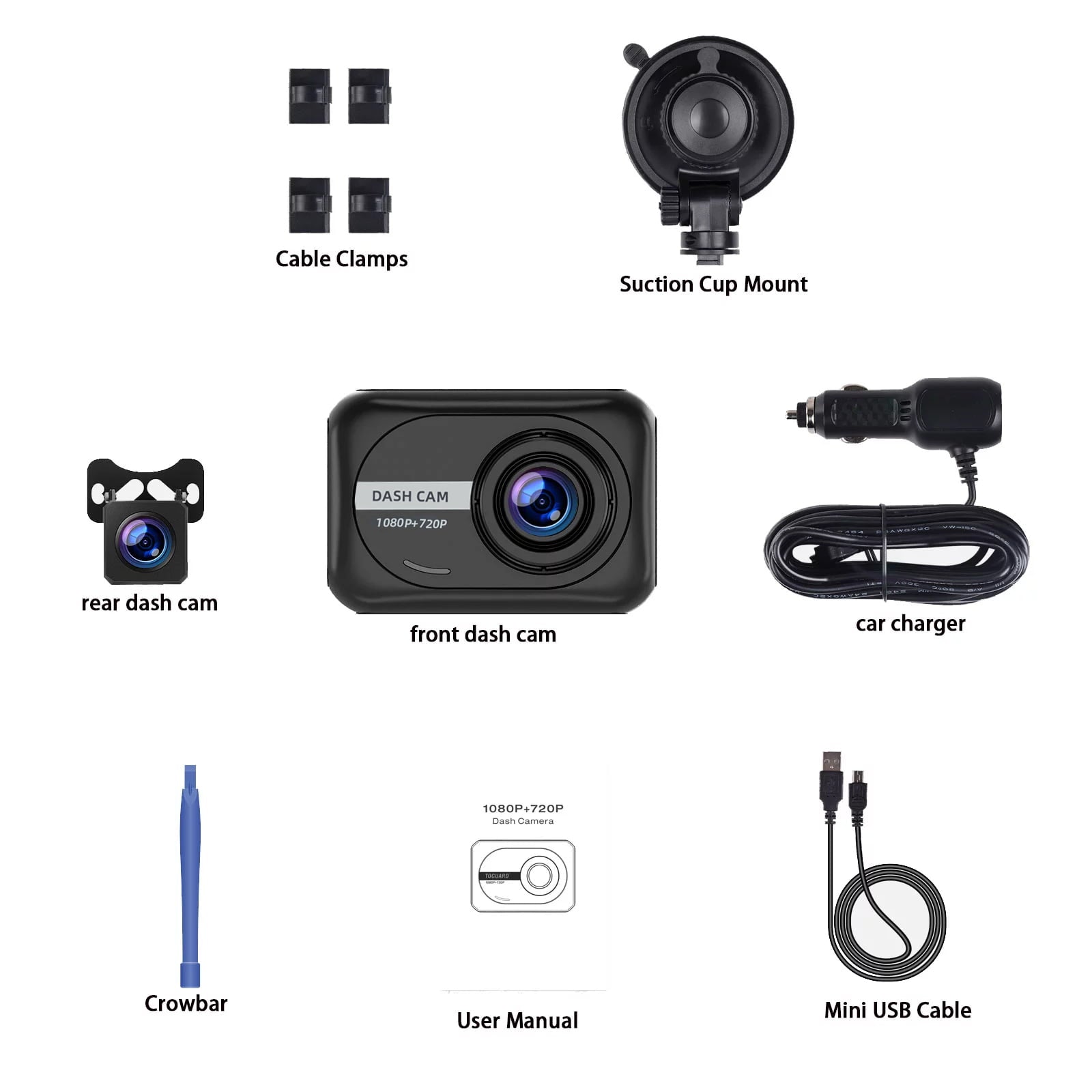 TOGUARD Dash Cam Front and Rear 1080P Full HD Car Camera,2.45 inch Dash Camera with 64GB SD Card, Super Night Vision, Parking Mode, G-Sensor, Loop Recording, WDR