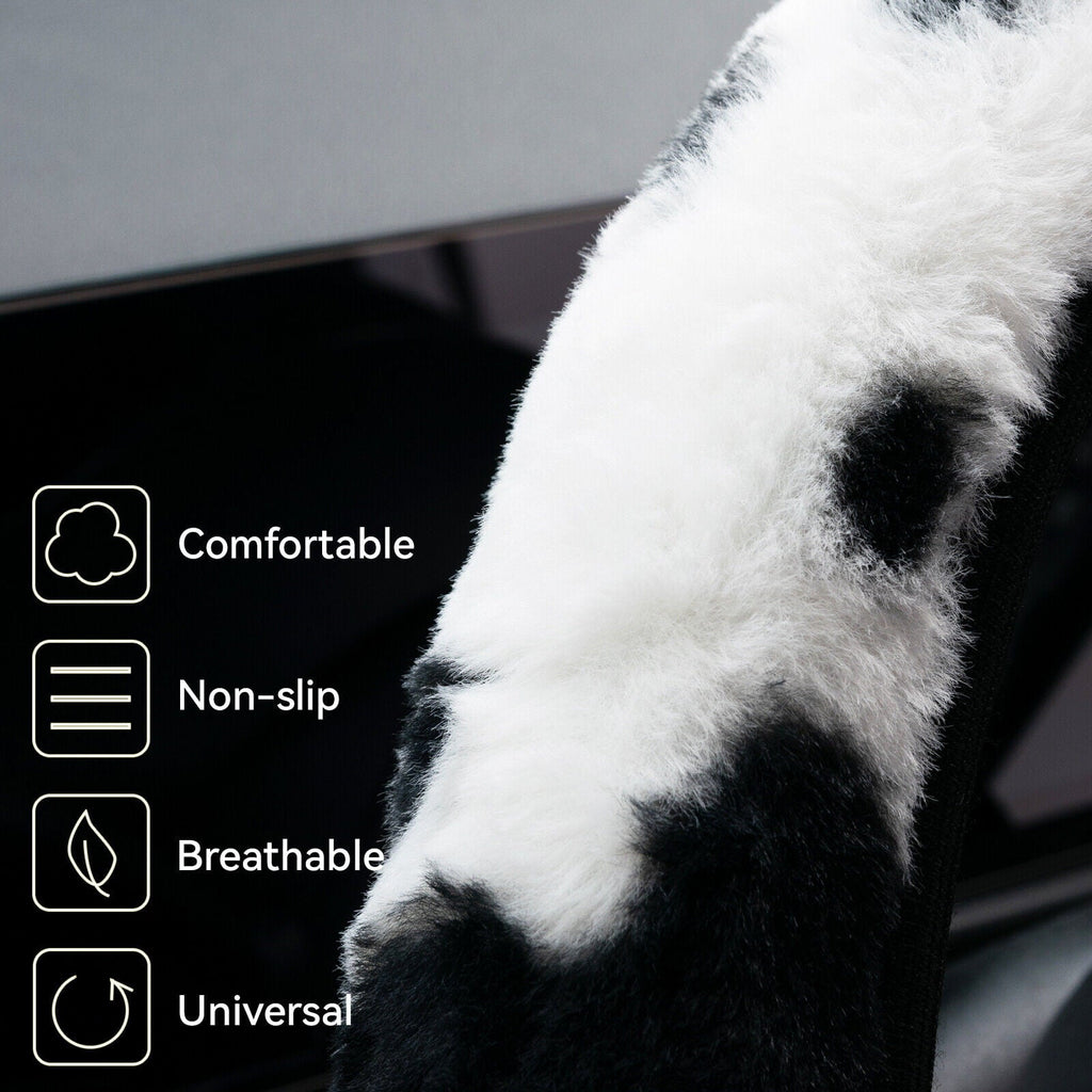 Cow Pattern Plush Car Steering Wheel Cover Protector Anti Slip Milk Cow Print Pattern Fuzzy Universal Fit For 14.5-15 Inches