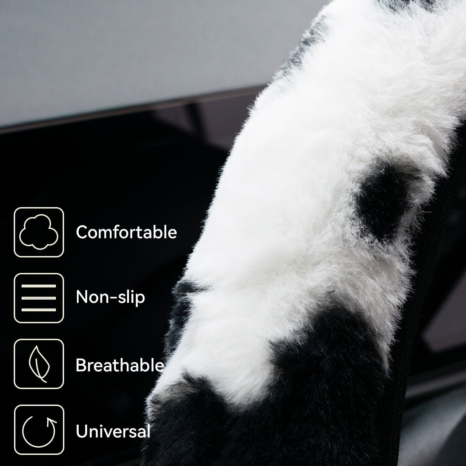 Cow Pattern Plush Car Steering Wheel Cover Protector Anti Slip Milk Cow Print Pattern Fuzzy Universal Fit For 14.5-15 Inches
