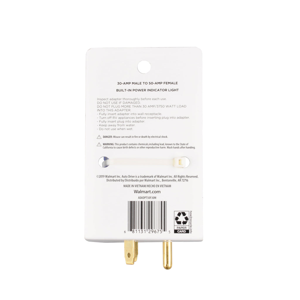 Auto Drive 30 to 50-Amp Universal RV Power Adapter with Light, Clear Blue