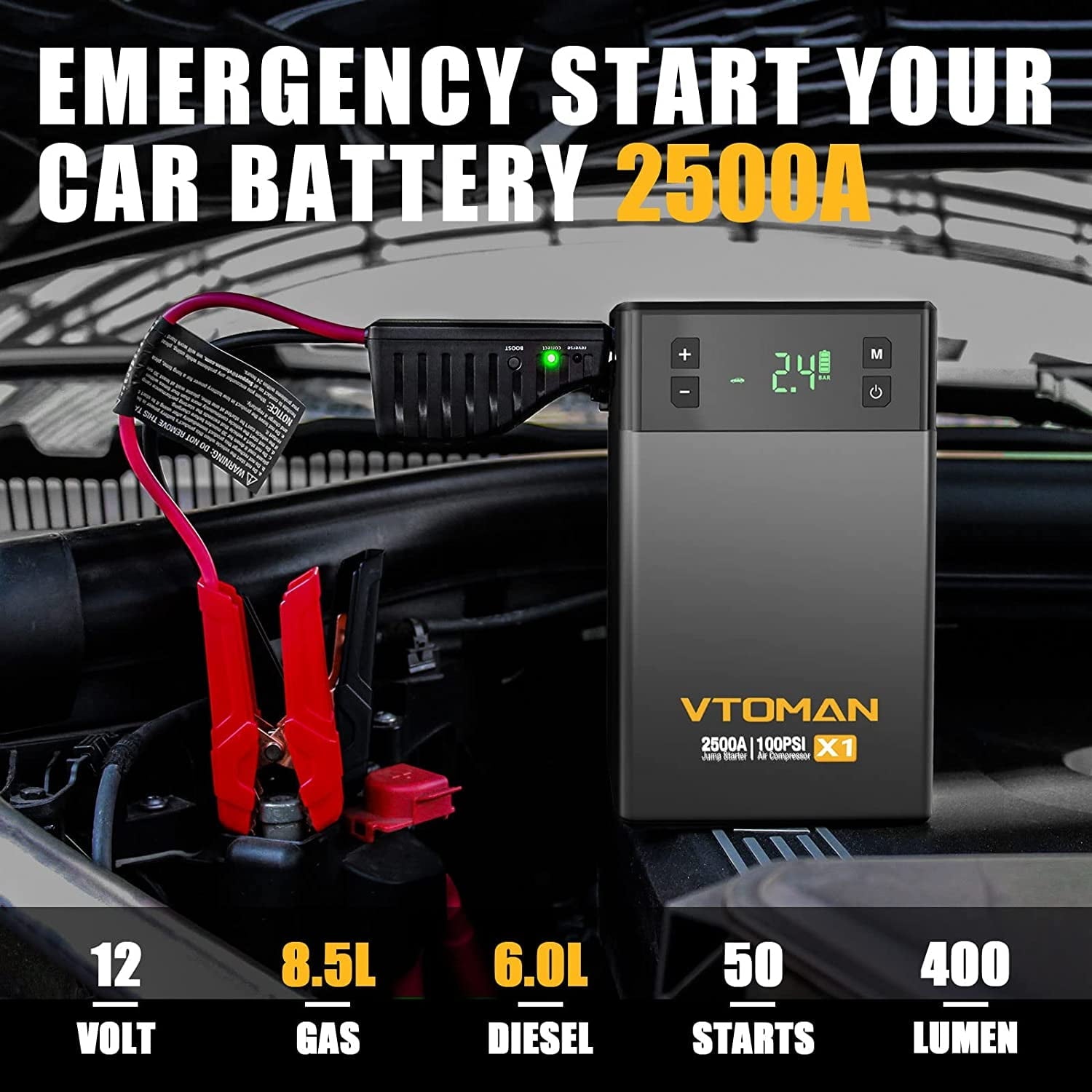 Jump Starter with Air Compressor,2500A Peak 12V Portable Jump Box for 8.5L Gas and 6.0L Diesel Engines with 150PSI Compressor Tire Inflator,Auto Lithium Car Starter  Battery Booster Power Bank