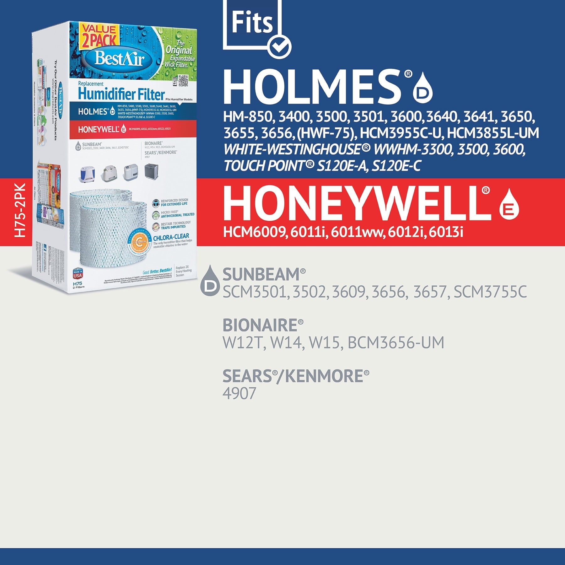 BestAir® H75 Value 2 Pack Extended Life Humidifier Replacement Paper Wick For Holmes Humidifiers. SIZE: 7 1/2″ x 28 1/8″ x 1″. WEIGHT: 0.75 lbs.
