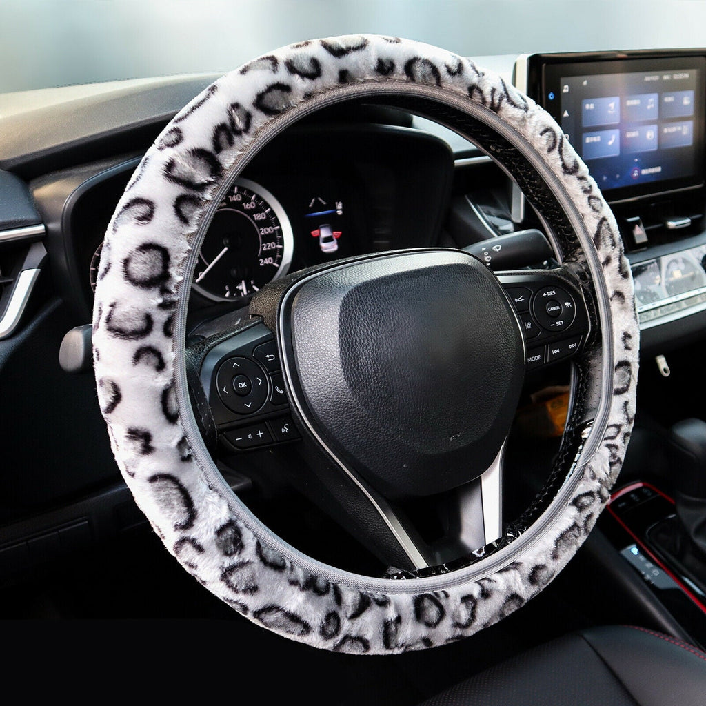 XUKEY Leopard Print Fluffy Warm Car Steering Wheel Cover Fluffy Fuzzy Anti-Slip Protector Elastic Grey