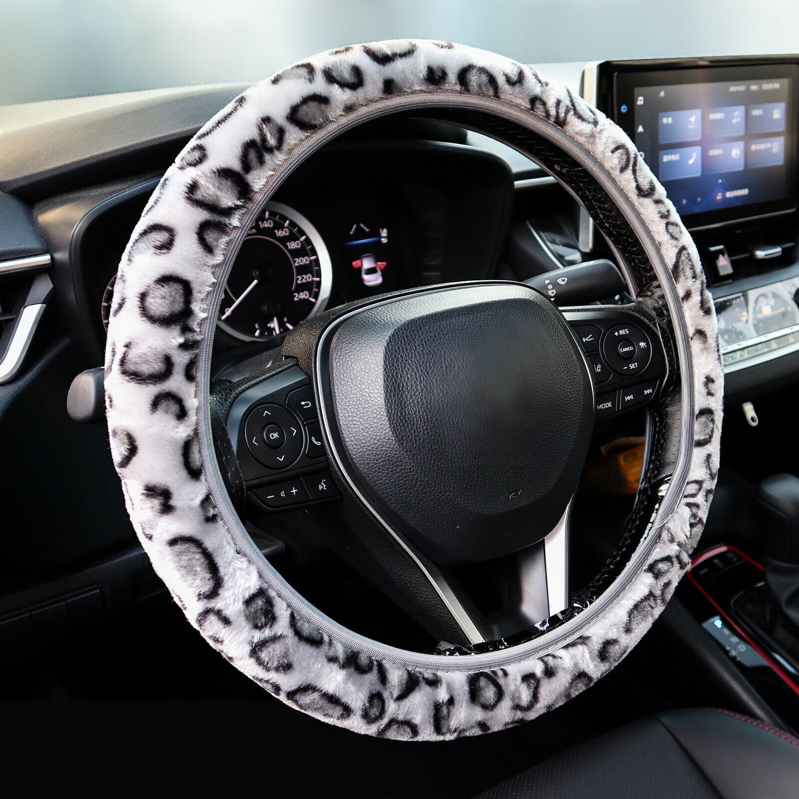 XUKEY Leopard Print Fluffy Warm Car Steering Wheel Cover Fluffy Fuzzy Anti-Slip Protector Elastic Grey