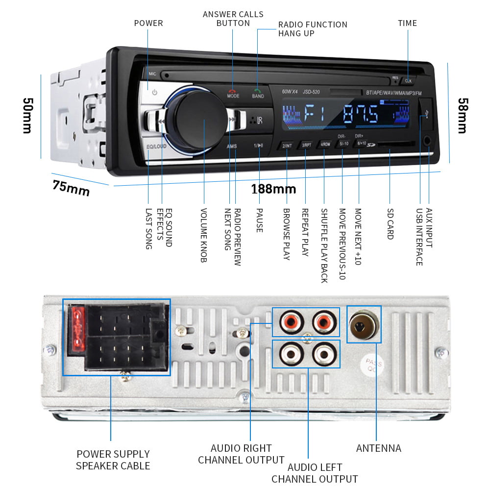 Podofo 1 DIN Car Stereo 12V Bluetooth FM Radio In-Dash Single Din Car Audio Player Digital Audio Music Car MP3 Player USB/SD/AUX-IN