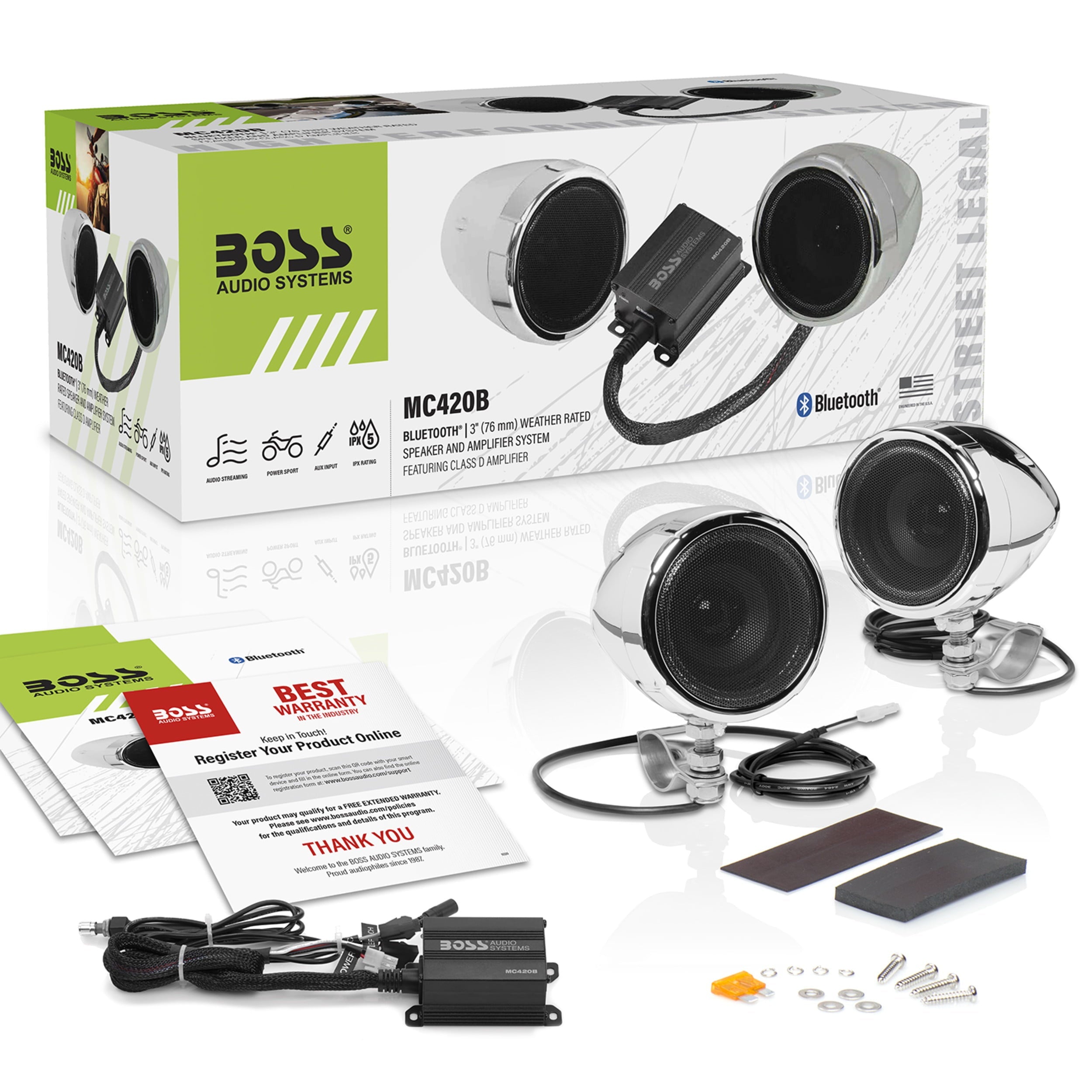 BOSS Audio Systems MC420B Motorcycle Speaker Amplifier, Bluetooth, 3” Speakers