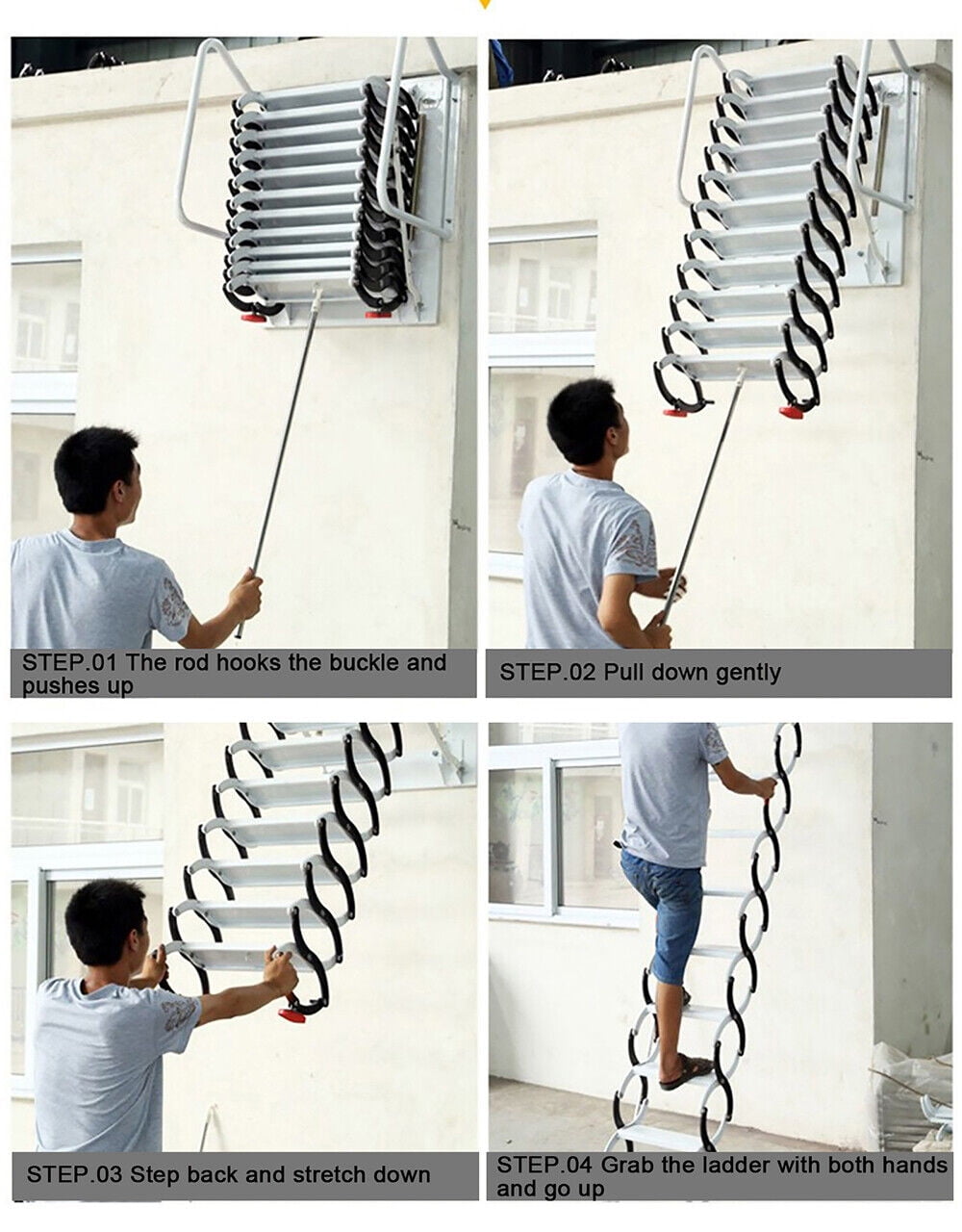 Loft Telescoping Ladder Stairs, 114-122" Wall Mounted Folding Ladder Scissor Structure Collapsible Attic Extendable Stairs,White/Black 12 Steps
