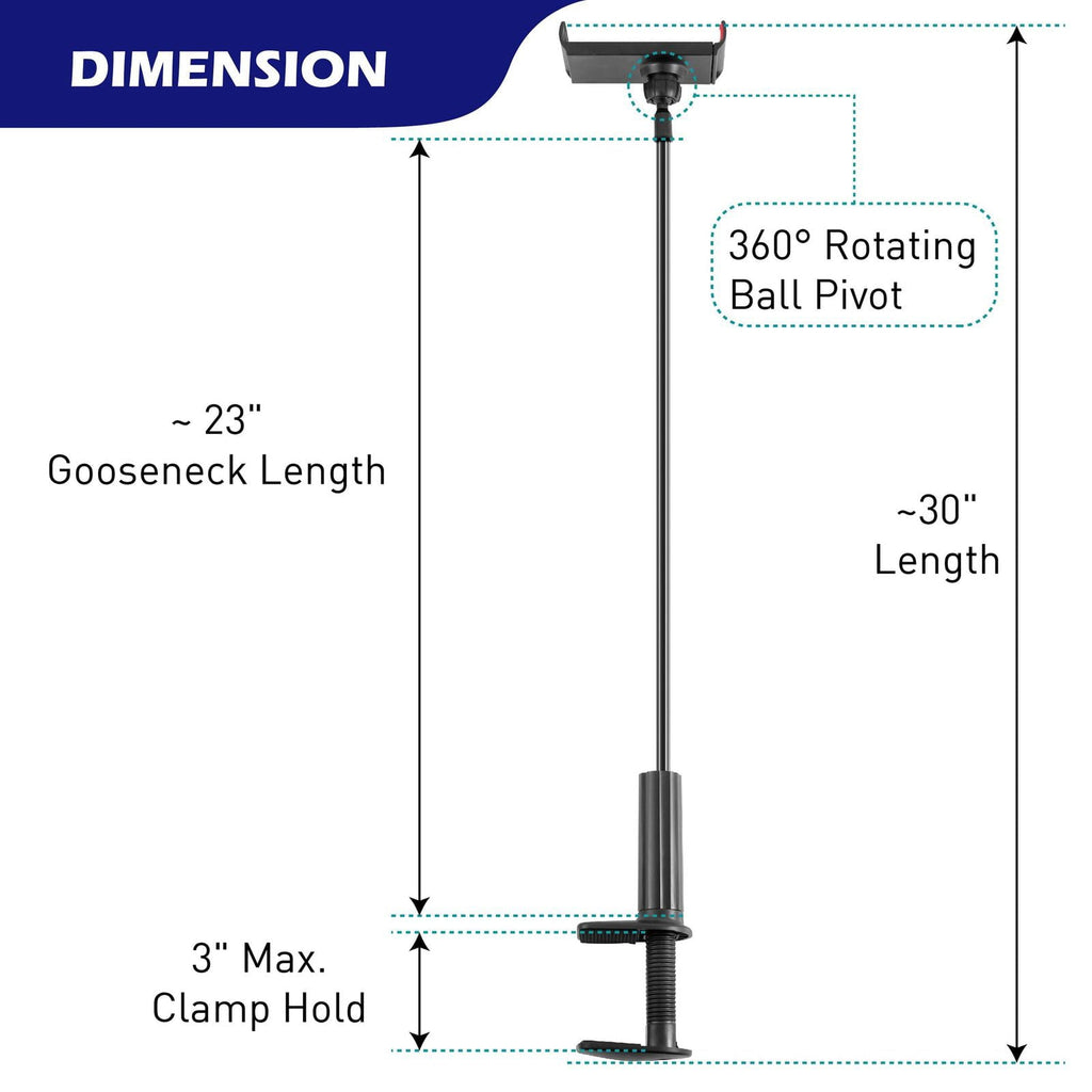 Gooseneck Phone Clip Mount Holder Clamp Stand for Bed Desk Adjustable Flexible Compatible with Android iPhone iPad, Width Up to 7.5", Black