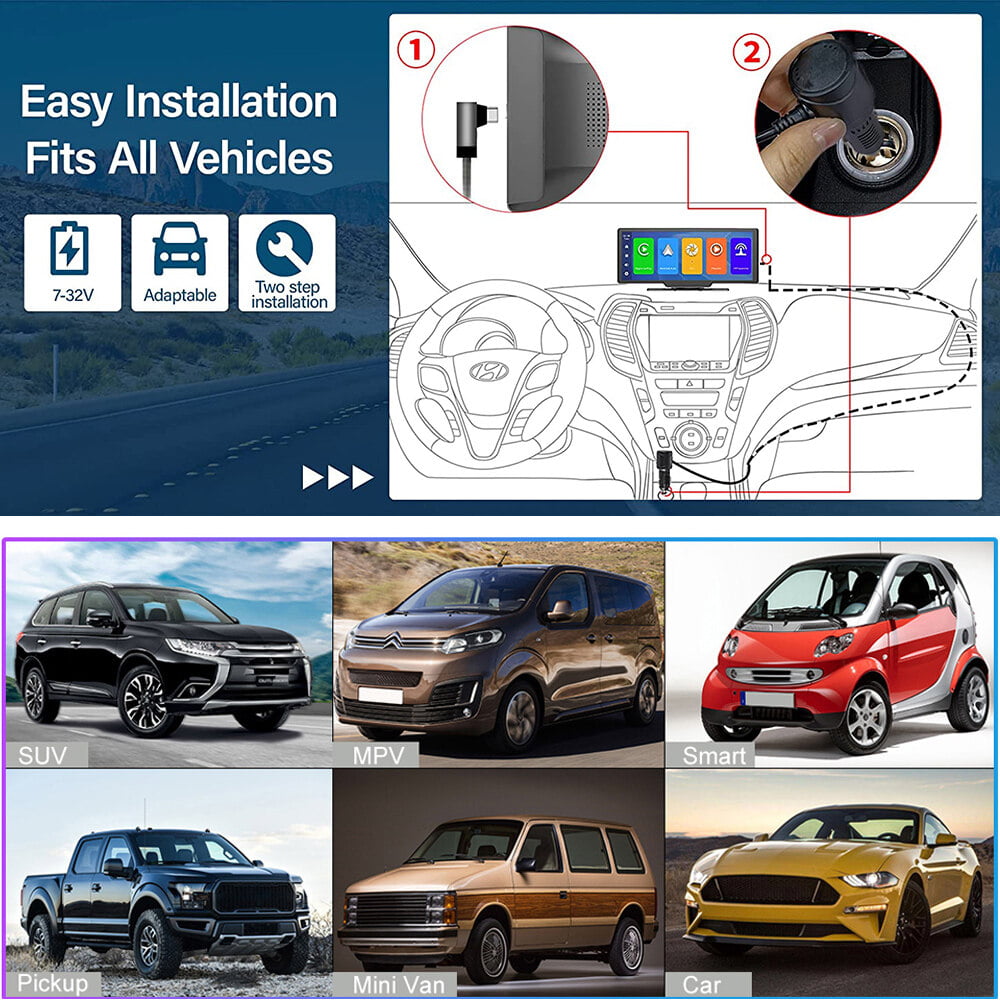Podofo 7-32V 10.26" Portable Car Stereo Radio Wireless Carplay Android Auto HD Touch Screen Player FM Bluetooth Voice Control for (No Rearview Camera)