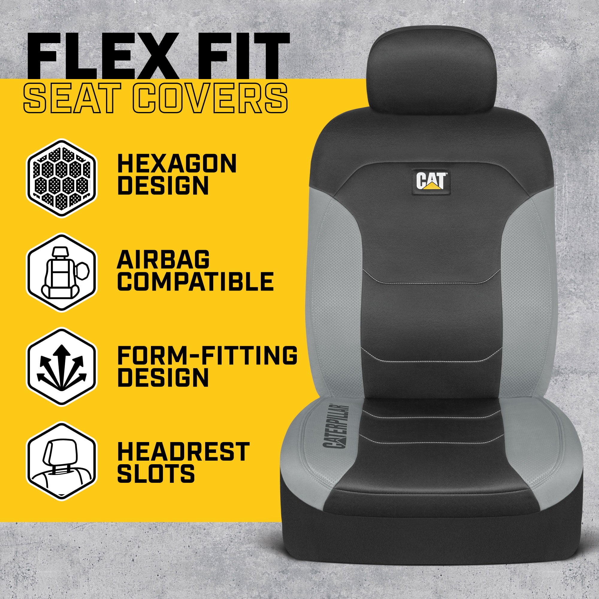 Caterpillar FlexFit Automotive Seat Covers for Cars Trucks and SUV (Set of 2) – Car Seat Covers for Front Seats