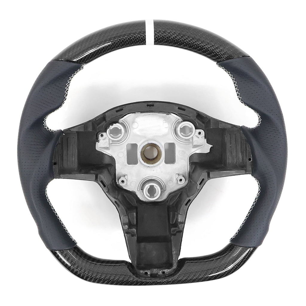 Ikon Motorsports Steering Wheel Compatible with 17-23 Tesla Model 3 Y Carbon Fiber & Perforated Leather With White Stitching & Stripe Steering Wheel Cover