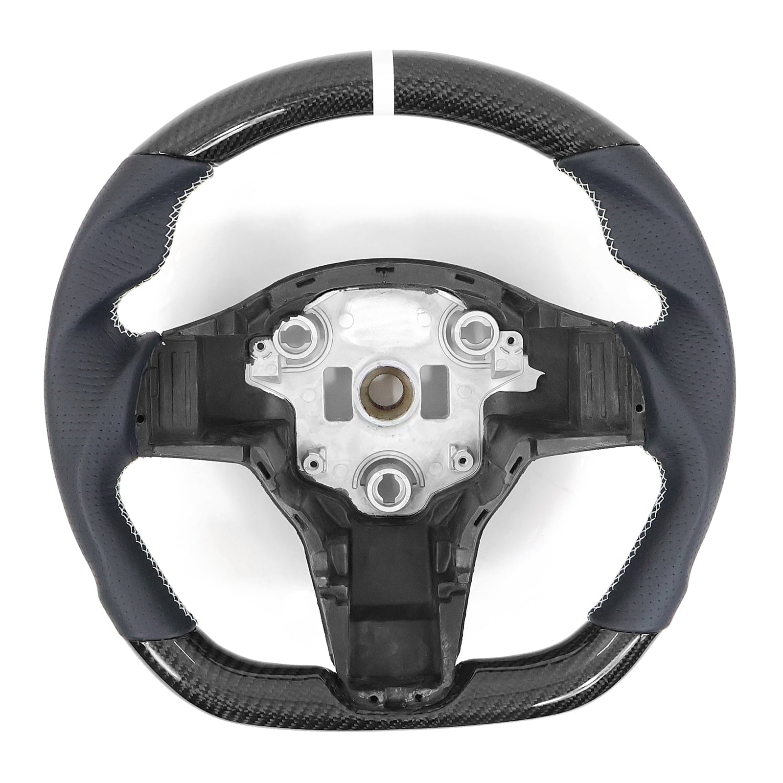 Ikon Motorsports Steering Wheel Compatible with 17-23 Tesla Model 3 Y Carbon Fiber & Perforated Leather With White Stitching & Stripe Steering Wheel Cover