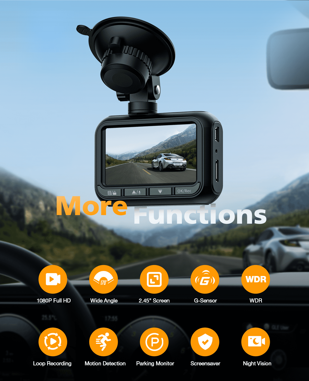 TOGUARD DC18 Dash Cam Front 1080P FHD 2.45" Dash Camera for Cars 170° Wide Angle Car Camera with Super Night Vision, WDR, G-Sensor, Loop Recording
