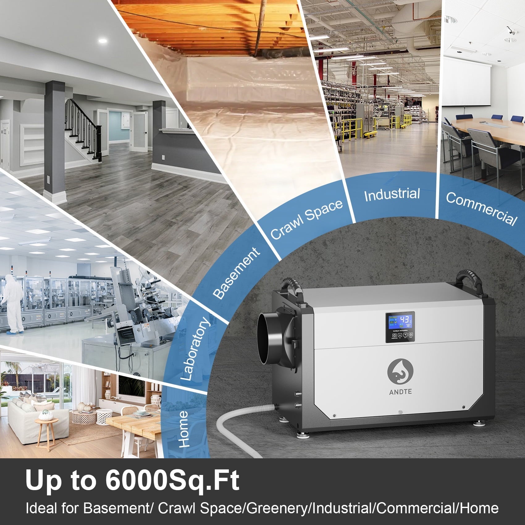 ANDTE 145 Pints Commercial Dehumidifier, Crawl Space Dehumidifier for Basement with 6.56ft Drain Hose and 24 Hr Timer, Compact, Portable, Auto Defrost, Memory Starting