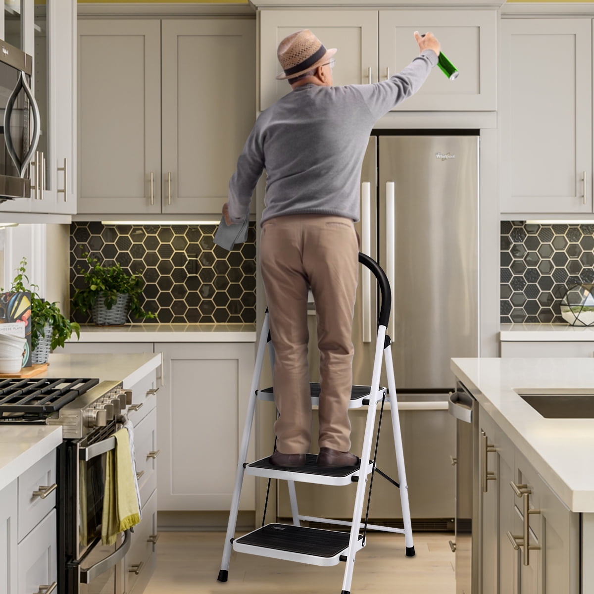 3 Step Ladder Folding Step Stool Ladder with Wide Anti-Slip Pedal Rubber Handle Feet Lightweight Portable Sturdy Steel Ladder