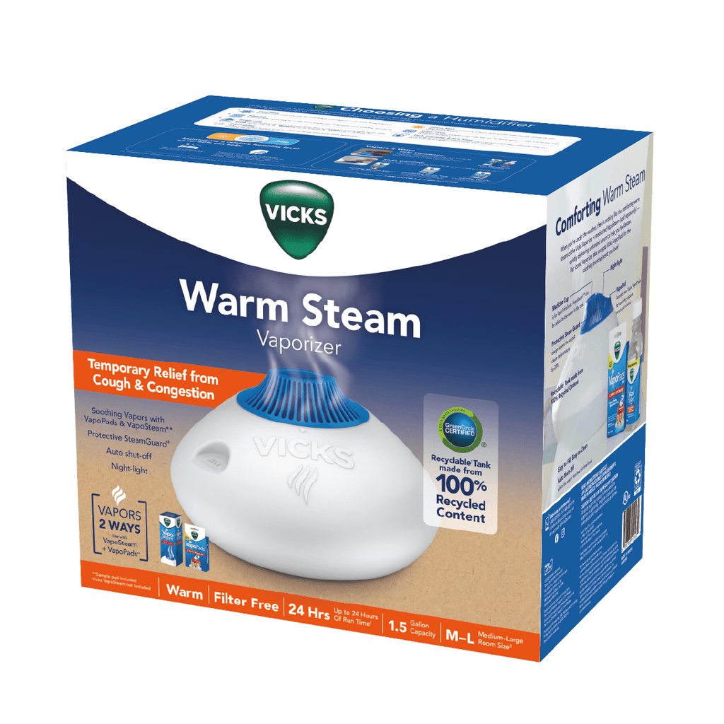 Vicks Warm Steam Vaporizer Humidifier, 600 sq ft, White, V150RYUPC