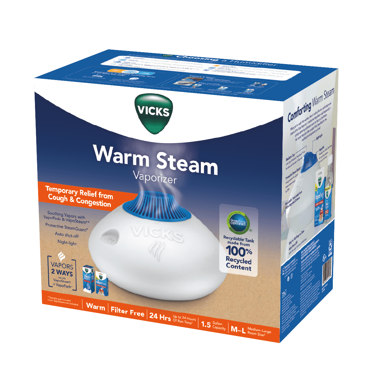 Vicks Warm Steam Vaporizer Humidifier, 600 sq ft, White, V150RYUPC