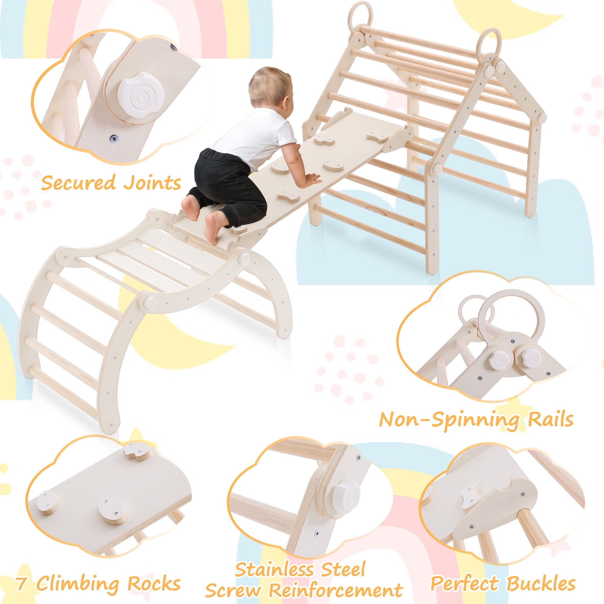 Toddler Climbing Toys Indoor,Pikler Triangle Set with Arch and Ramp, Foldable Wooden Montessori Climbing, Wood Play Gym, Toddler Gym for 2-6 Years
