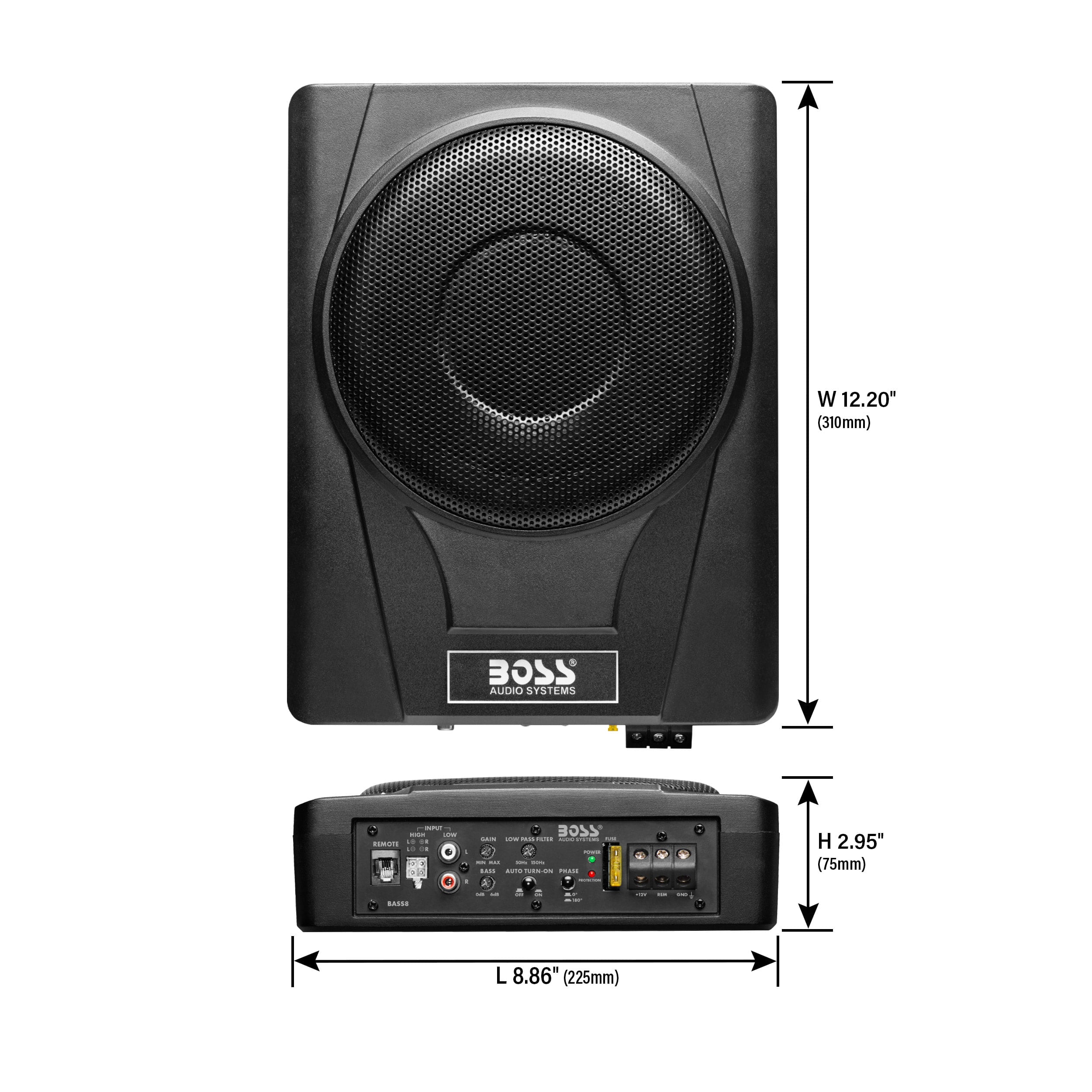 BOSS Audio Systems BASS8 8 Inch Under Seat Powered Car Subwoofer – 800 High Output, Low Profile, Built In Amplifier, For Truck, Boxes and Enclosures, Remote Subwoofer Control