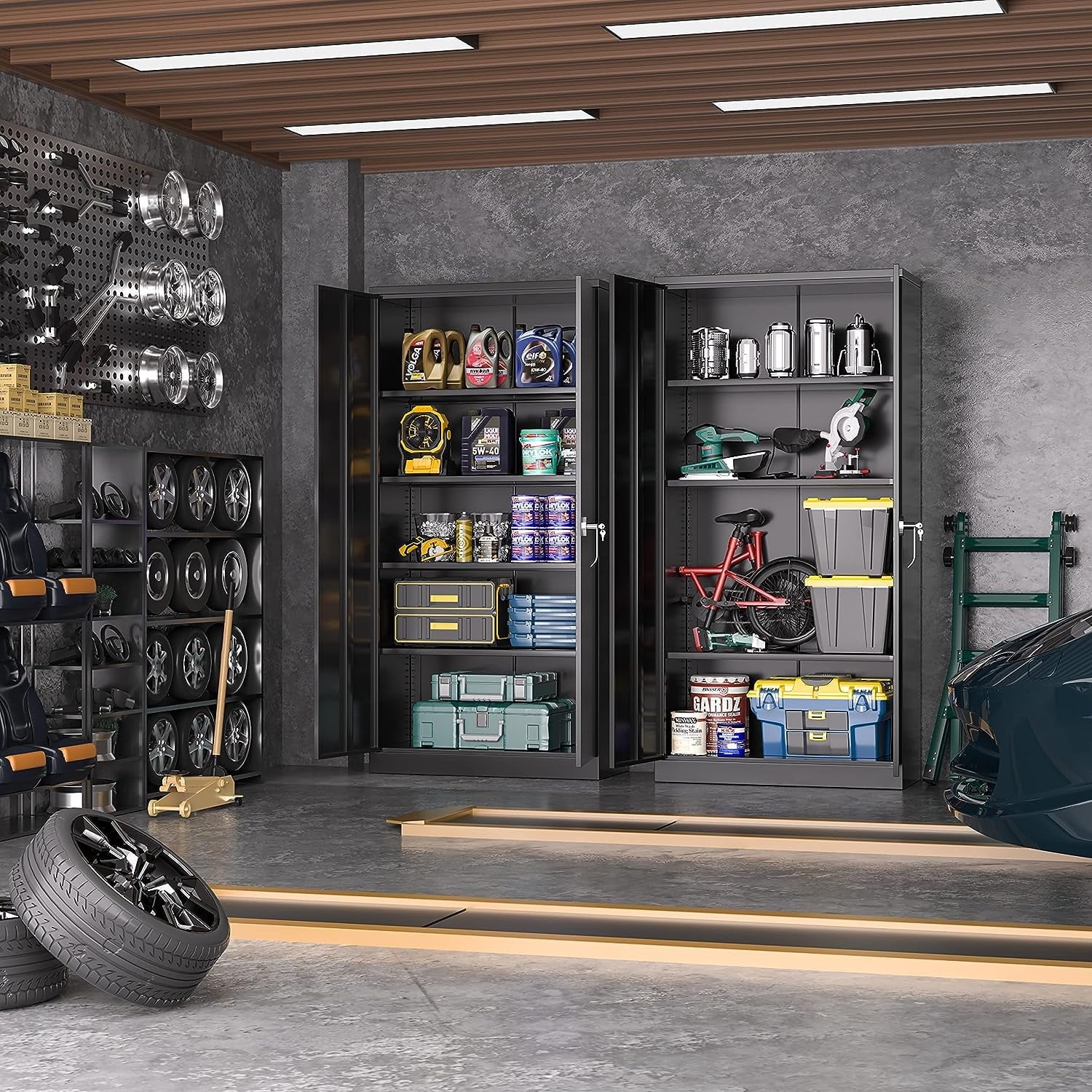 Metal Storage Garage Cabinets with Locking Doors and Adjustable Shelves, 72 inch Tall Storage Cabinet for Office, Home (Black)