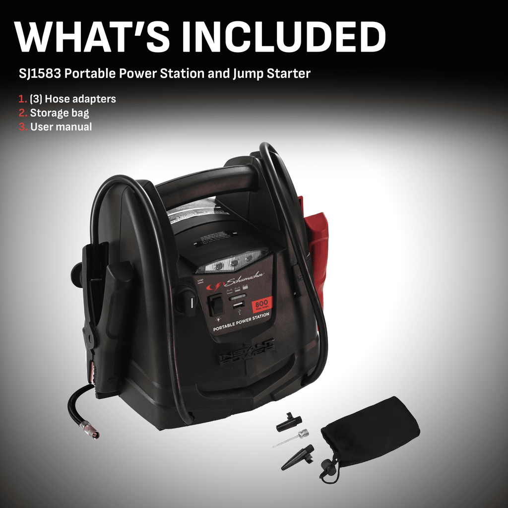 Schumacher SJ1583 Portable Power Station and 800 Peak Amp Jump Starter – 150-PSI Air Compressor – Works with Apple, Samsung, and Android Devices