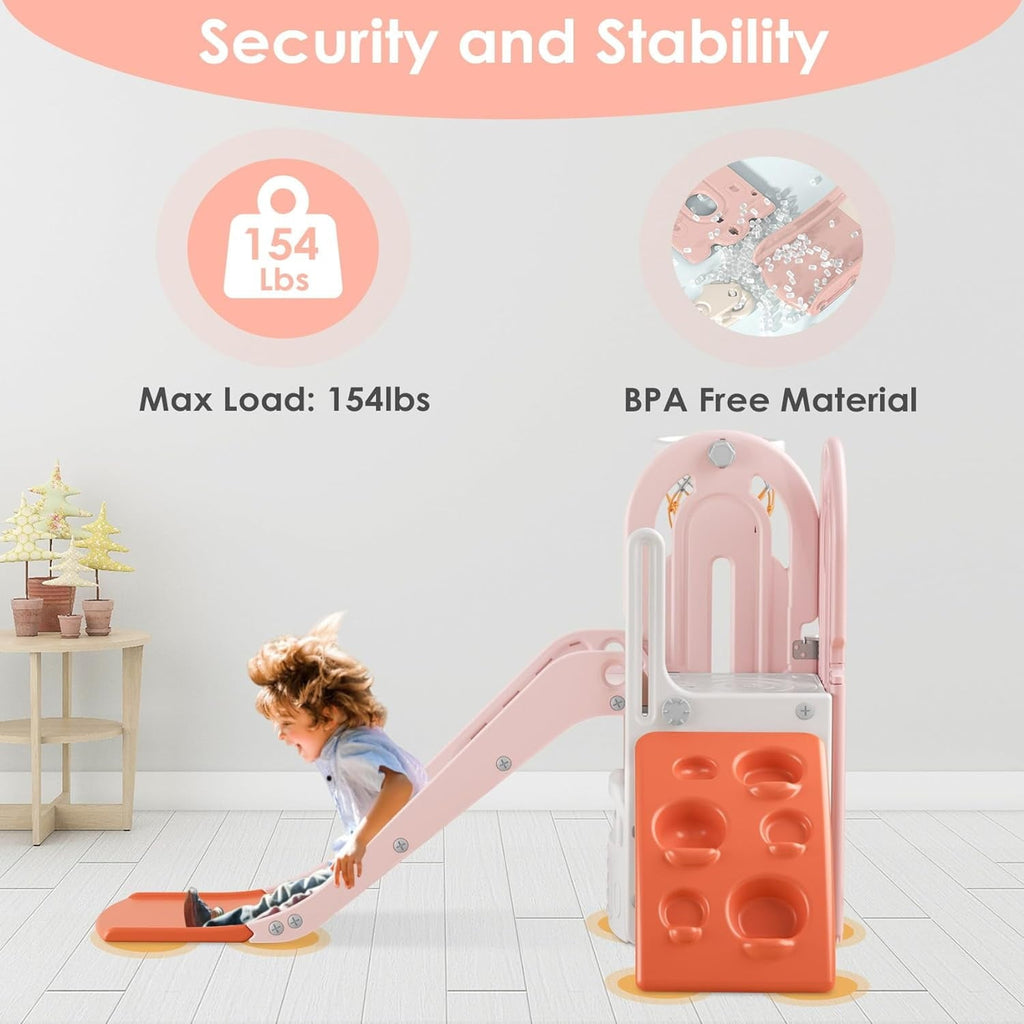 Suteck 5 in 1 Toddler Slide, Swing and Slide for Toddlers Age 1-3 with Basketball Hoop and Basketball, Slide for Kids5 in 1 Toddler Slide, Swing and Slide for Toddlers