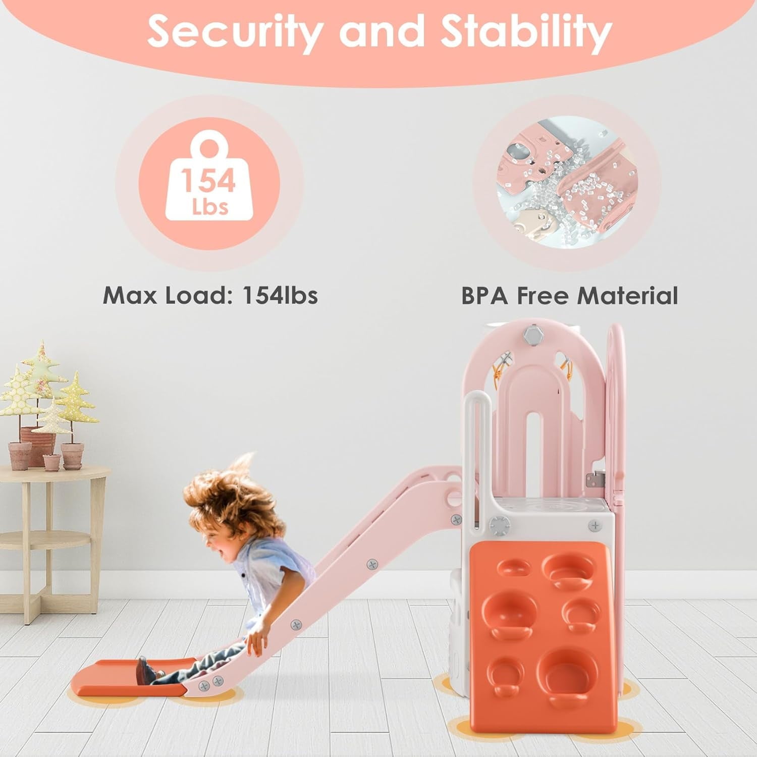 Suteck 5 in 1 Toddler Slide, Swing and Slide for Toddlers Age 1-3 with Basketball Hoop and Basketball, Slide for Kids5 in 1 Toddler Slide, Swing and Slide for Toddlers