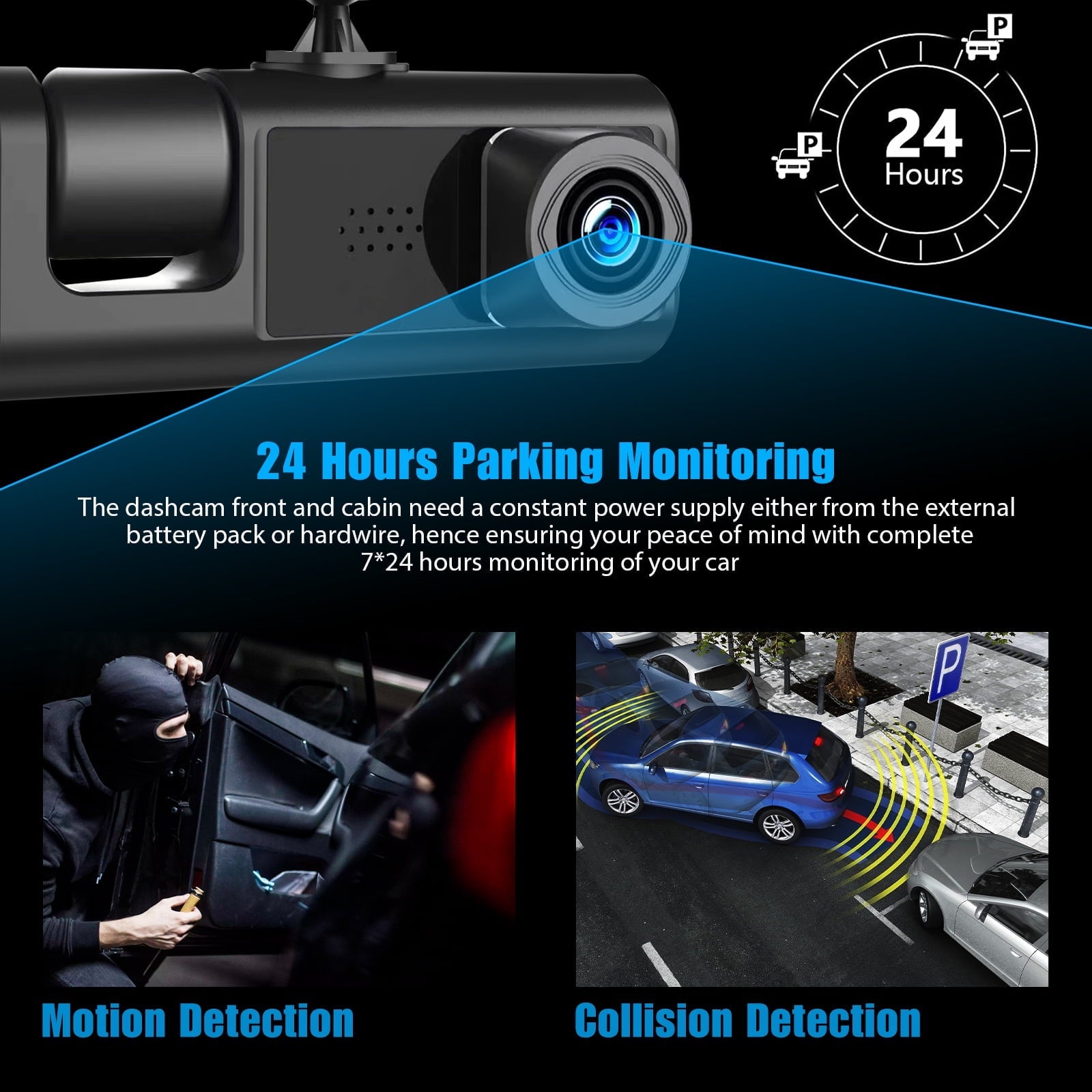 Dash Cam Front and Rear, TSV 3 Channel Dual Dash Camera, 1080P Car Camera DVR Backup Cam, 3 Way Triple Dashboard Driving Recorder, Inside IR Night Vision, G-Sensor, Parking Mode