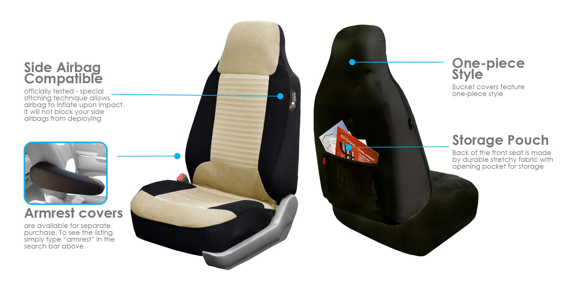 FH Group Premium Fabric Universal Seat Covers Fit For Car Truck SUV Van Beige/Black - Front Seats