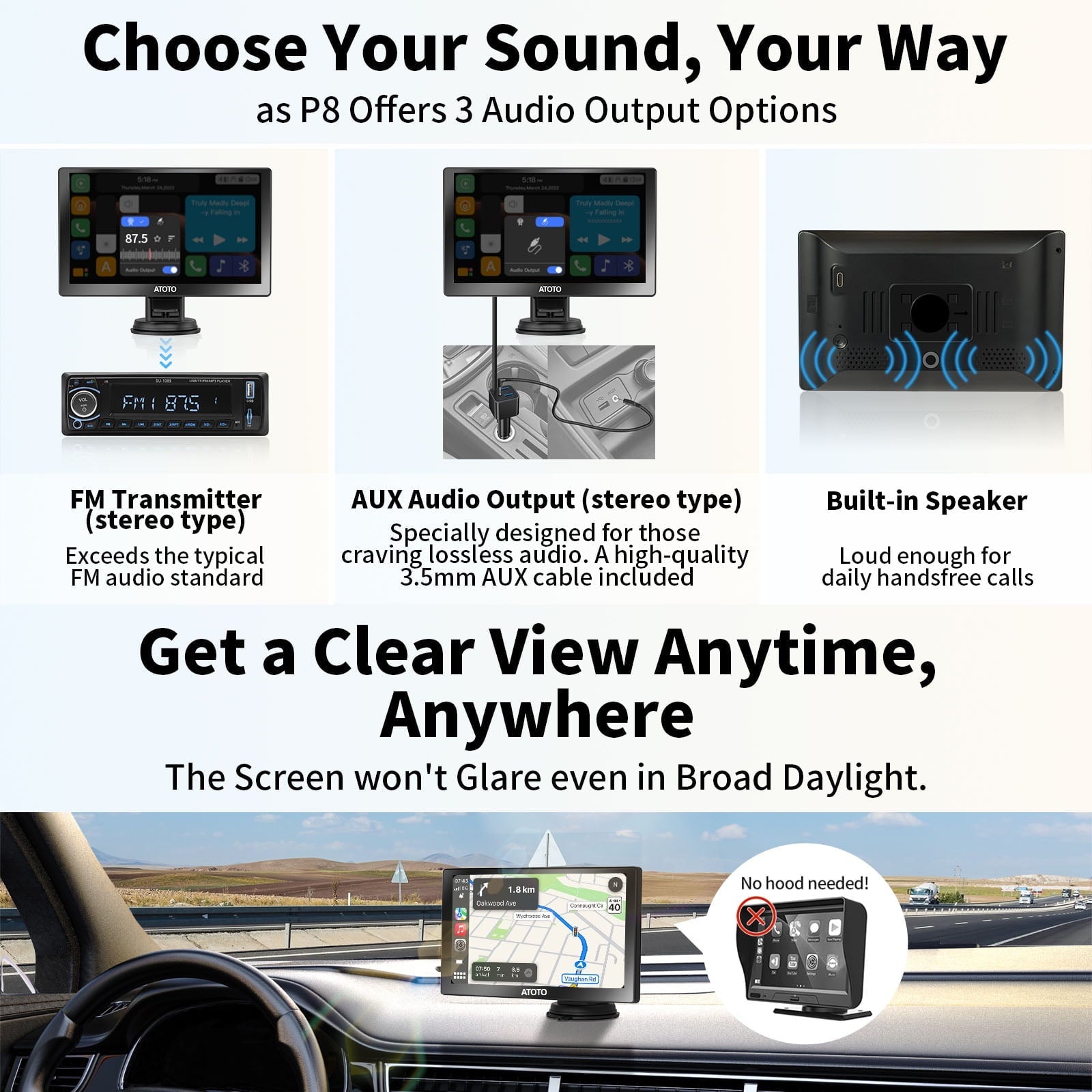 ATOTO 7inch QLED P8 Wireless Apple CarPlay & Wireless Android Auto Bluetooth Portable Car Stereo with Remote Control,Aux/FM Output GPS Navigation