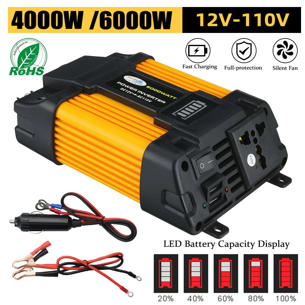 4000W Power Inverter DC12V to AC110V Sine Wave Convert with 2 USB Ports 1 Sockets for Camp Home