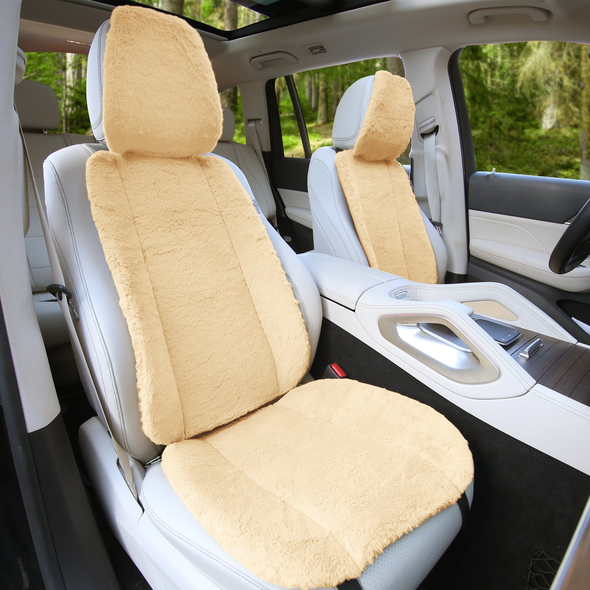 FH Group Doe16 Beige Faux Rabbit Fur Front Set Car Seat Cushions Universal Fit w. Air Freshener