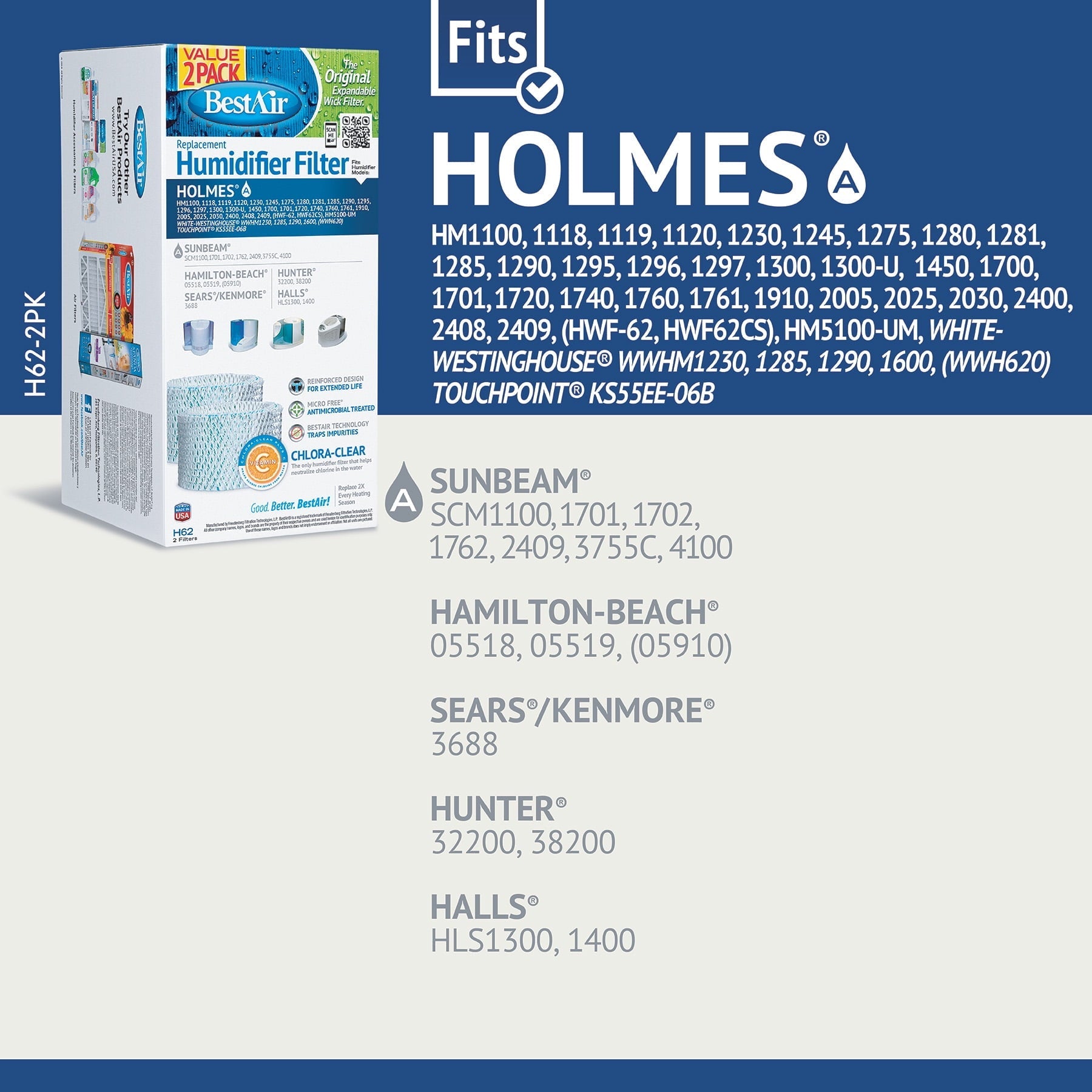 BestAir® H62 Value 2 Pack Extended Life Humidifier Replacement Paper Wick Filter For Holmes Humidifiers. SIZE: 4 1/4″ x 17 1/2″ x 1″. WEIGHT: 0.75 lbs.