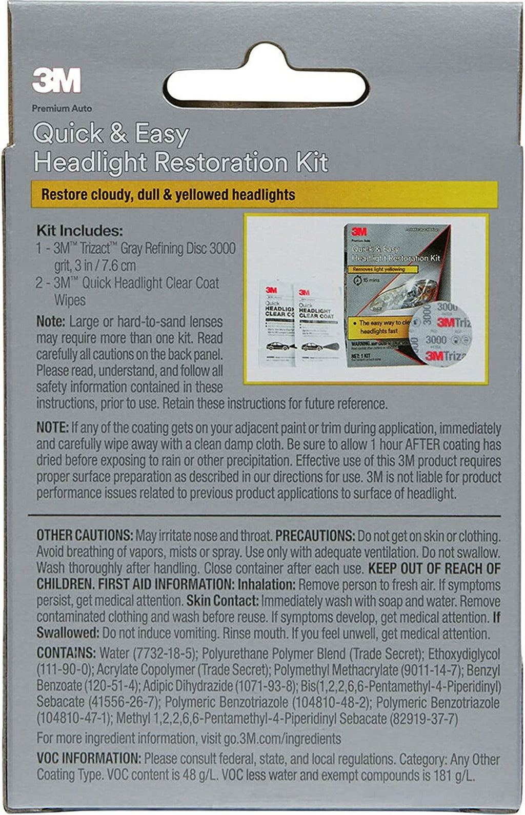 3M Quick and Easy Headlight Restoration Kit, Removes Light Yellowing in 15-Minutes, 39193, 1 Kit