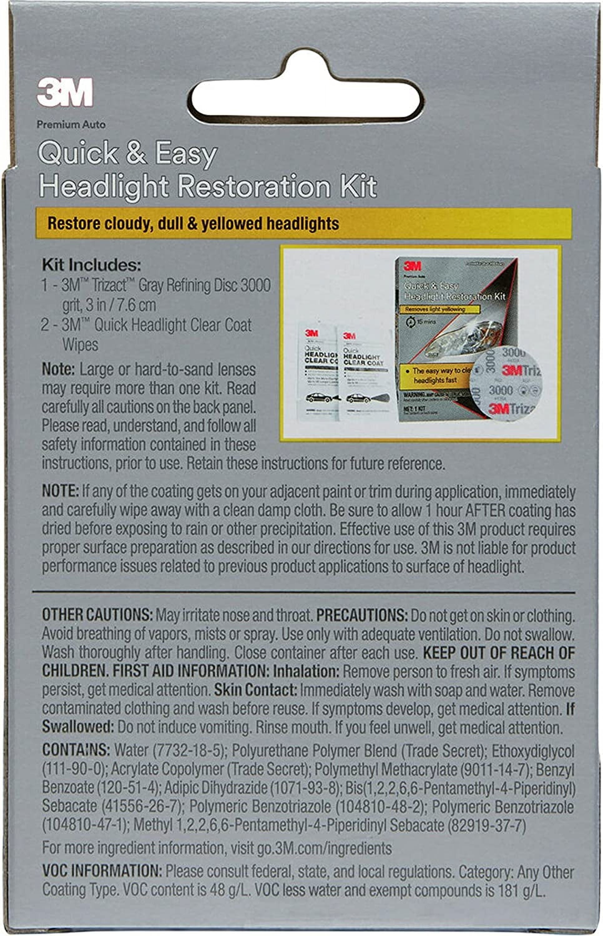 3M Quick and Easy Headlight Restoration Kit, Removes Light Yellowing in 15-Minutes, 39193, 1 Kit