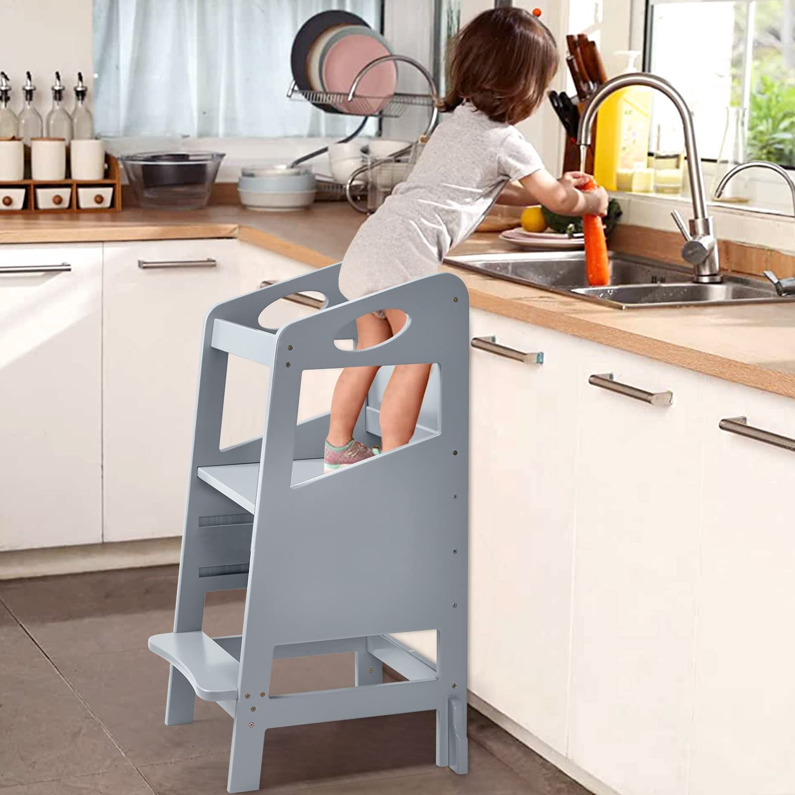 Furvclv Toddler Kitchen Stool Helper, Kids Kitchen Step Stool Baby Standing Tower Wood with Safety Rail, Child Montessori Stool for Kitchen Counter & Sink, Learning Tower for Toddlers 1-3