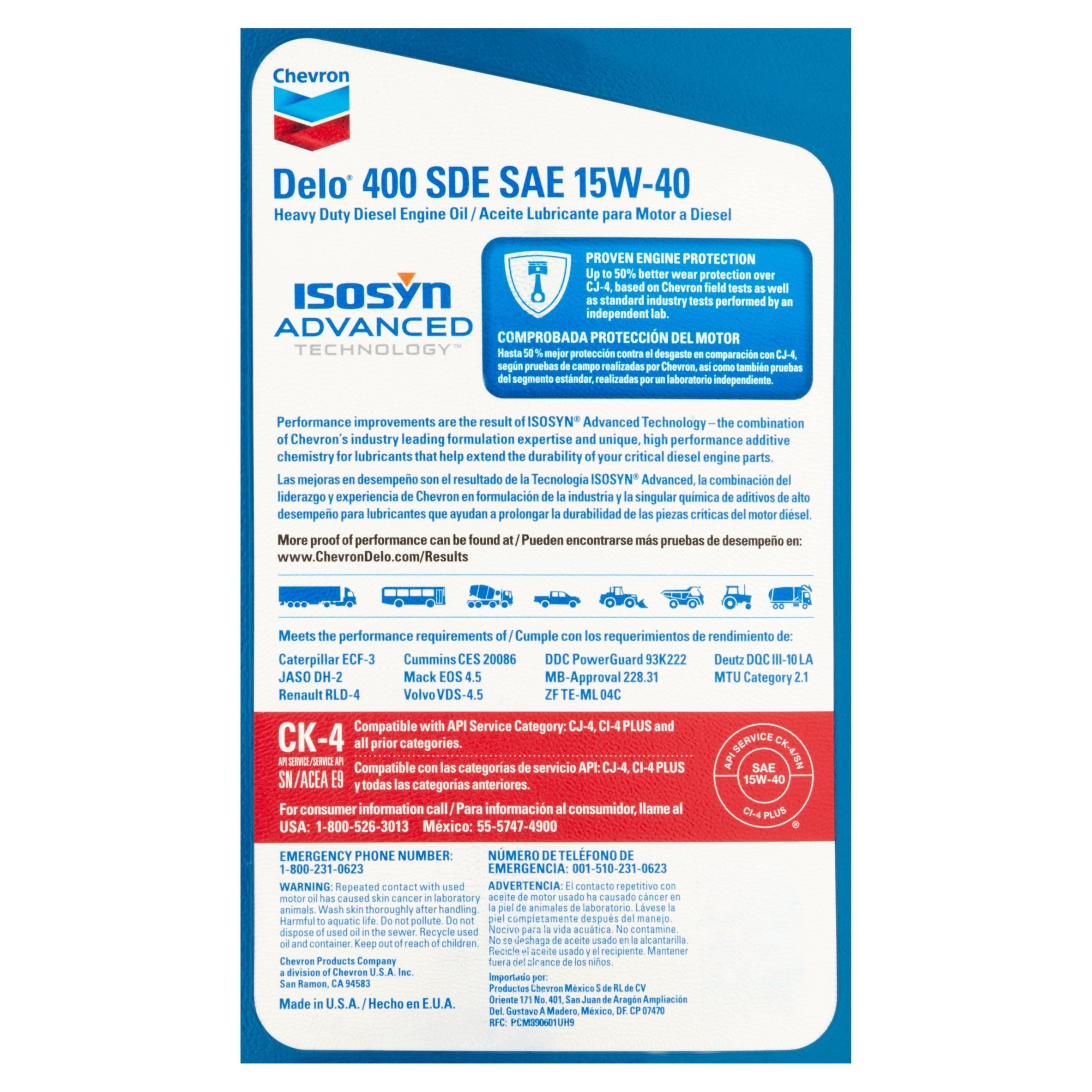Chevron Delo 400 SDE SAE 15W-40 Heavy Duty Diesel Motor Oil, 1 Gallon