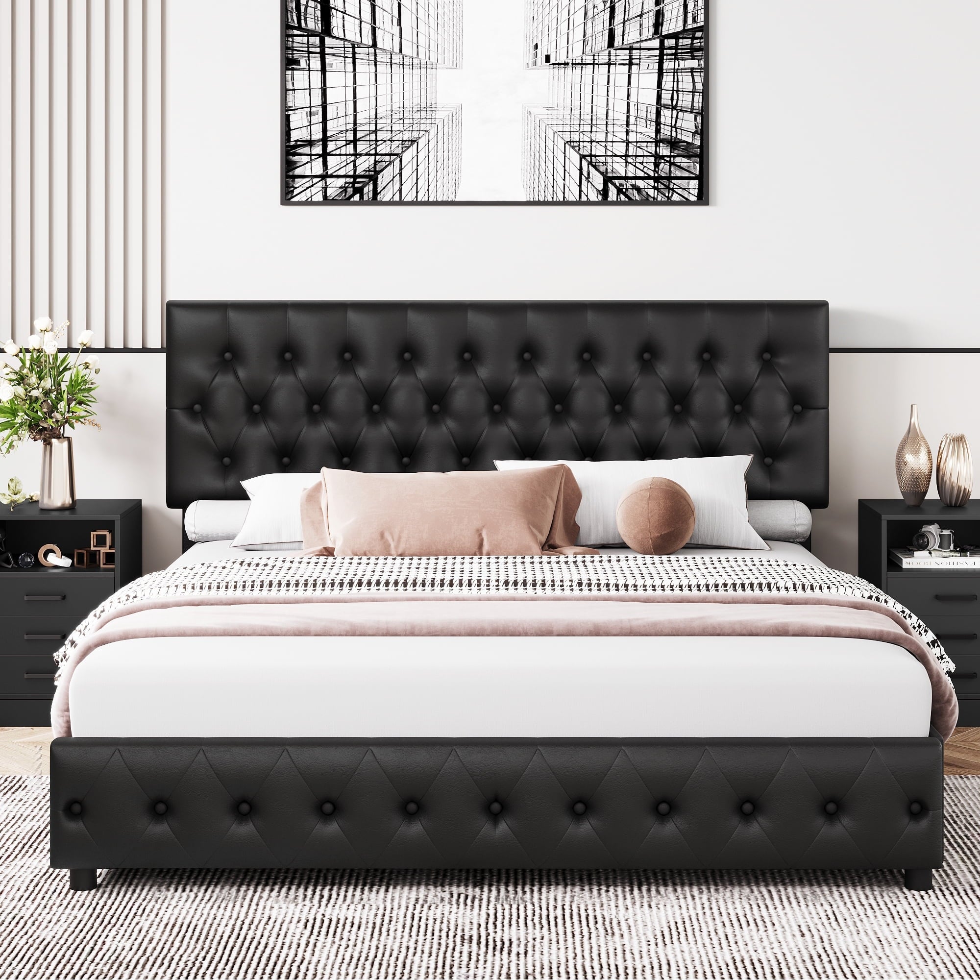 Homfa Faux Leather Storage Platform Bed Frame, King Black Bed Frame with 4 Drawers, Upholstered with Adjustable Headboard
