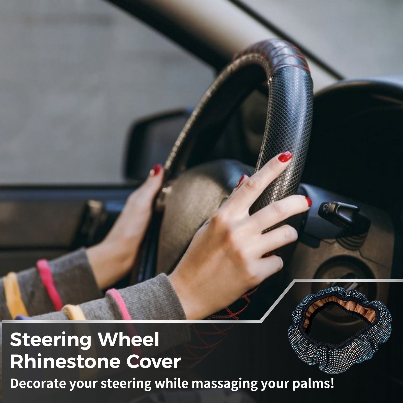 Steering Wheel Cover Glitter, Crystal Diamond Steering Wheel Cover for Women Girls, Decorative Bling Rhinestone Protector Cover for 14.17-15.35inch Steering Wheels
